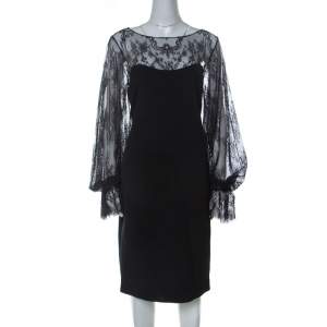 Marchesa Notte Black Silk Sheer Lace Yoke Detail Shift Dress L