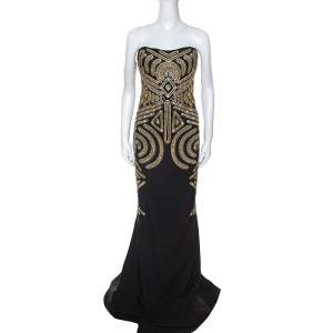 Marchesa Black Embellished Silk Slub Strapless Gown L