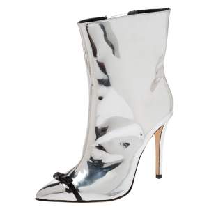 Marco de Vincenzo Metallic Silver Leather Bow Pointed Toe Ankle Boots Size 37.5