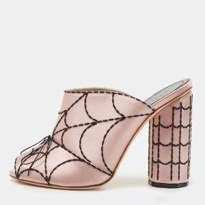 Marco de Vincenzo Pink Satin Embroidered Spider Web Mules Size 39