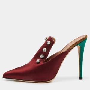 Marco de vincenzo Burgundy Satin Crystals Embellished Pointed Toe Mules Size 40
