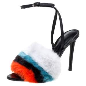 Marco De Vincenzo Multi Color Leather and Striped Faux Fur Slingback Sandals Size 38.5