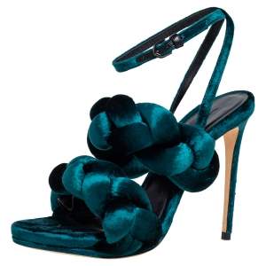 Marco de Vincenzo Teal Green Velvet Braided Ankle Strap Sandals Size 38.5