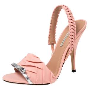 Marco de Vincenzo Pink/Silver Pleated Fabric and Leather Bow Slingback Sandals Size 37
