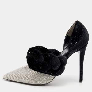 Marco de Vincenzo Black/Silver Velvet And Crystal Braided Strap Pumps Size 37.5