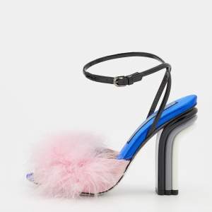 Marco De Vincenzo Pink/Black Marabou Feather And Patent Leather Ankle Strap Sandals Size 37