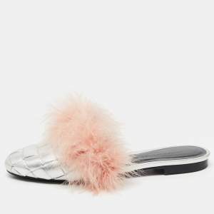 Marco de Vincenzo Silver/Pink Fur and Woven Leather Mules Size 37