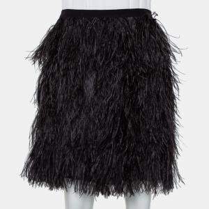 Marina Qureshi Black Silk Feather Trim Detail Mini Skirt L