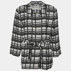 Marina Rinaldi Black/Off White Check Print Linen Blend Belted Blazer M