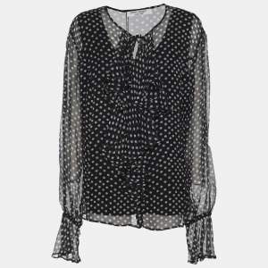 Marina Rinaldi Dark Grey Polk Dots Print Chiffon Ruffle Neck Tops L