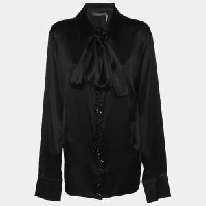 Marina Rinaldi Black Stretch Silk Crystal Embellished Long Sleeve Scarf Neck Shirt L