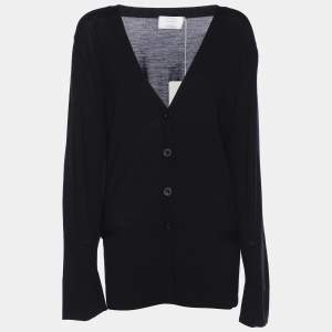 Pre Owned Marina Rinaldi Navy Blue Fleece Wool Knit Button Front Sweater L