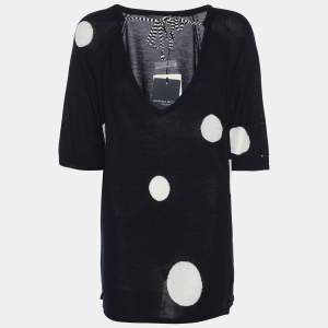 Marina Sport by Marin Rinaldi Navy Blue/White Stretch Knit Polka Dot V Neck Sweater L