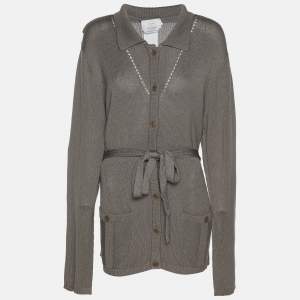 Pre Owned Marina Rinaldi Grey Rib Knit Button Front Sweater L