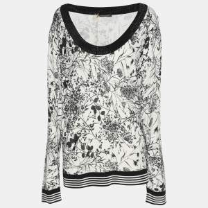 Pre Owned Marina Rinaldi White/Black Printed Knit Embellished Neck Top XL