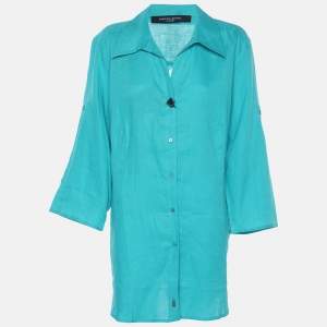 Pre Owned Marina Rinaldi Green Linen Stirrup Sleeve Plain Shirt L