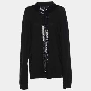 Pre Owned Marina Sport by Marina Rinaldi Black Knit Sequin Embellished Front Zip Sweater XL