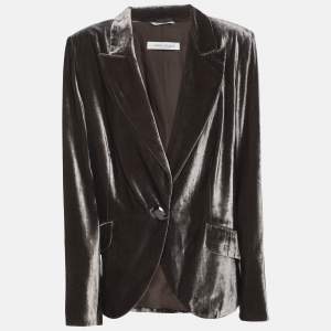 Pre Owned Marina Rinaldi Metallic Grey Velvet Single Breasted Blazer L