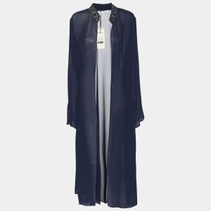 Pre Owned Marina Rinaldi Blue Chiffon Beads Embellished Long Cardigan L