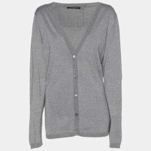 Pre Owned Marina Sport by Marina Rinaldi Grey/Silver Lurex Knit Button Front Sweater L