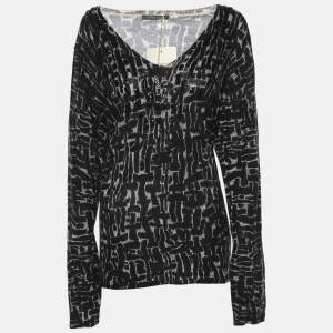 Pre Owned Marina Rinaldi Black/Off White Stretch Knit Scoop Neck Sweater L