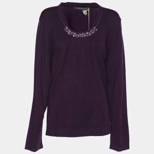 Pre Owned Marina Rinaldi Purple Stretch Knit Crystal Embellished Sweater L