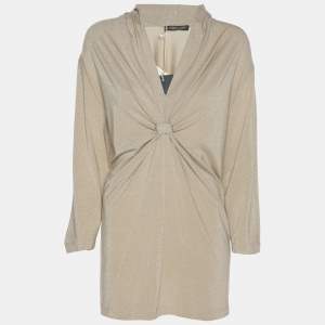 Pre Owned Marina Rinaldi Metallic Beige Lurex Knit Knot Front Shirt L