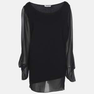 Pre Owned Marina Rinaldi Black Jersey and Chiffon Sleeves Tops L