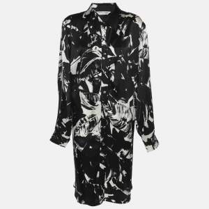 Pre Owned Marina Rinaldi Black/White Printed Silk Button Front Dress L