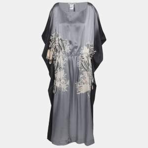 Marina Rinaldi Grey/Black Satin Ornate Print Embellished Sleeveless Midi Dress L