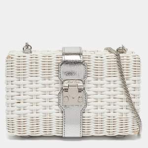 Mark Cross White/Siler Woven Rattan and Patent Leather Chain Clutch