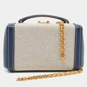 Mark Cross Navy Blue/White Canvas and Leather Box Belt Convertible Bag