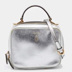 Mark Cross Metallic Silver Leather Baby Laura Top Handle Bag