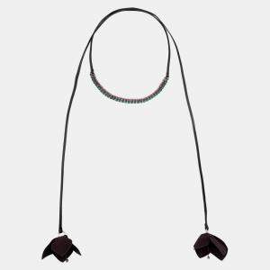 Marni Flower Fabric Crystal Leather Wrap Necklace