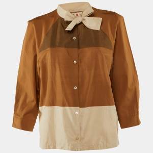 Marni Brown Cotton Cut-and-Sew Detail Tie-Up Neck Blouse L