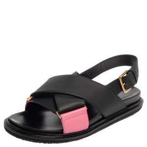 Marni Black/Pink Leather Cross-Strap Sandals Size 39.5