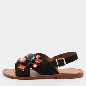 Marni Black Calf Hair Crystal Embellished Slingback Flat Sandals Size 38.5