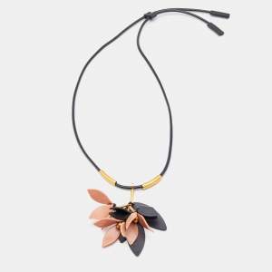 Marni Gold Tone & Leather Resin Floral Pendant Adjustable Necklace