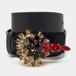 Marni Black Leather and Elastic Crystals Buckle Waist Belt
