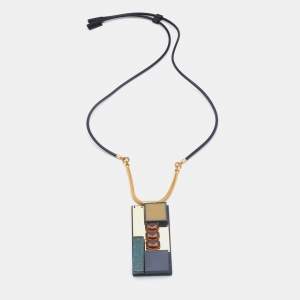 Marni Black Leather & Gold Tone Resin Statement Pendant Necklace