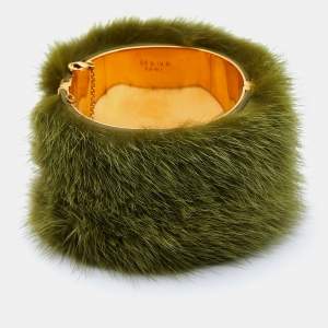 Marni Green Faux Fur Gold Tone Cuff Bracelet M