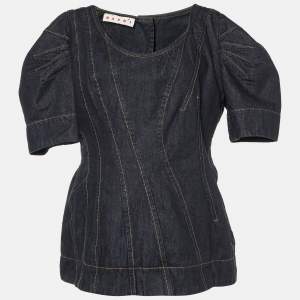 Marni Black Denim Buttoned Back Puff Sleeves Top L