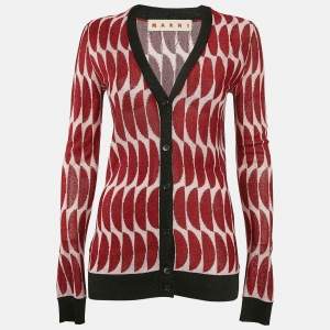 Marni Red Patterned Lurex Knit Button Front Cardigan S