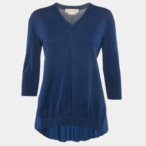 Marni Royal Blue Cotton Knit and Silk Pleated Asymmetric Top M