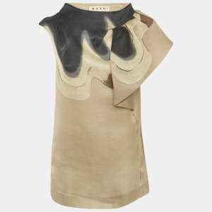 Pre Owned Marni Brown Printed Silk & Wool Ruffle Neck Sleeveless Top M