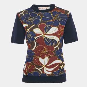 Marni Navy Blue Floral Print Rib Knit and Jersey Sweatshirt S