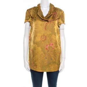 Marni Gold Floral Jacquard Frayed Trim Detail Cap Sleeve Top S