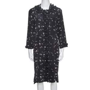 Marni Navy Blue Printed Silk Ruffled Detail Shift Dress M