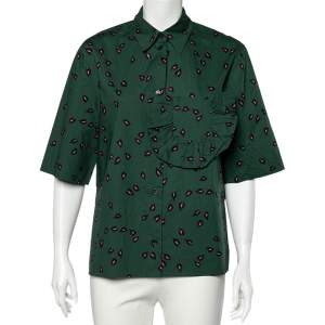 Marni Green Printed Ruffled Trim Pocket Detailed Button Front Shirt S 