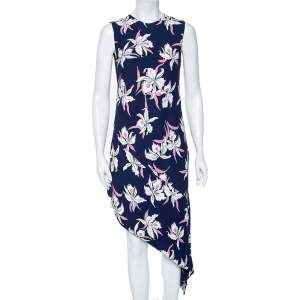 Marni Navy Blue Floral Printed Silk Georgette Asymmetric Dress M